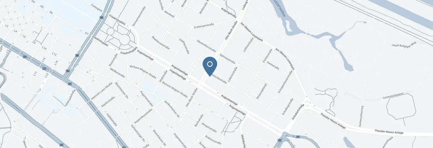 Stadtplan Ausschnitt eines Stadtplans von Mannheim mit einer Markierung des Standortes der Kanzlei